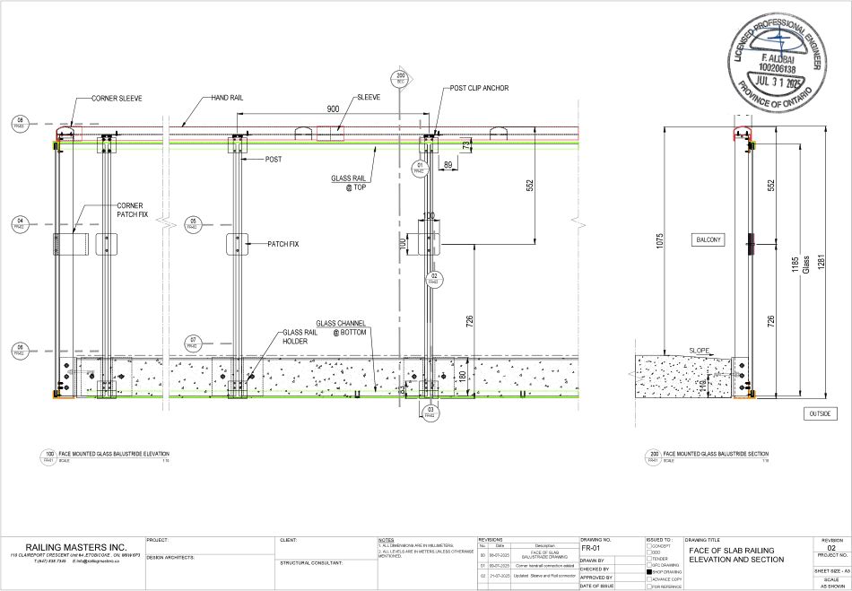 Face of Slab Railing, stamped elevation and section sheet
