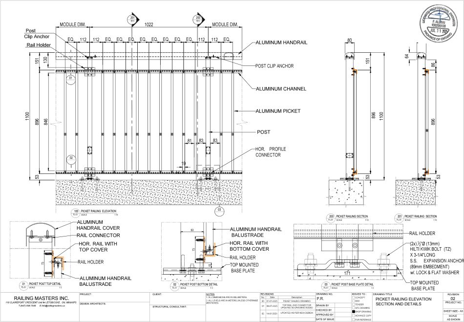 Picket Railing, stamped elevation and section sheet