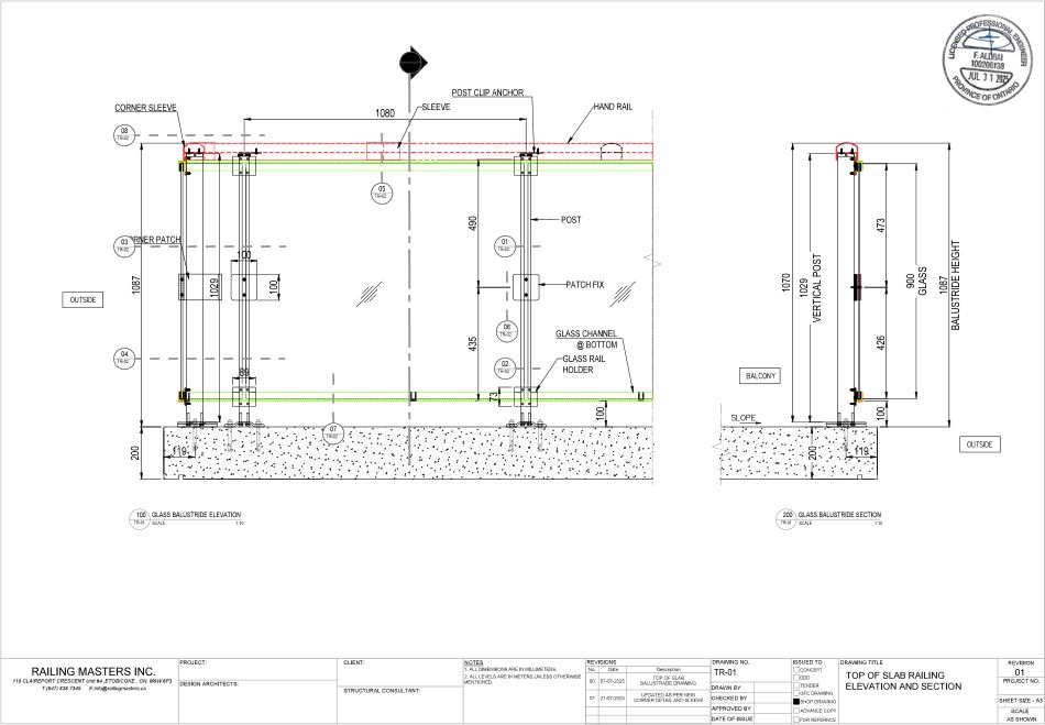 Top of Slab Railing, stamped elevation and section sheet